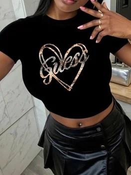 Lady Cool Girl Short Sleeve Heart Retro Print Round Neck T-Shirt, Tight and Sleeveless, Women's Clothing 1