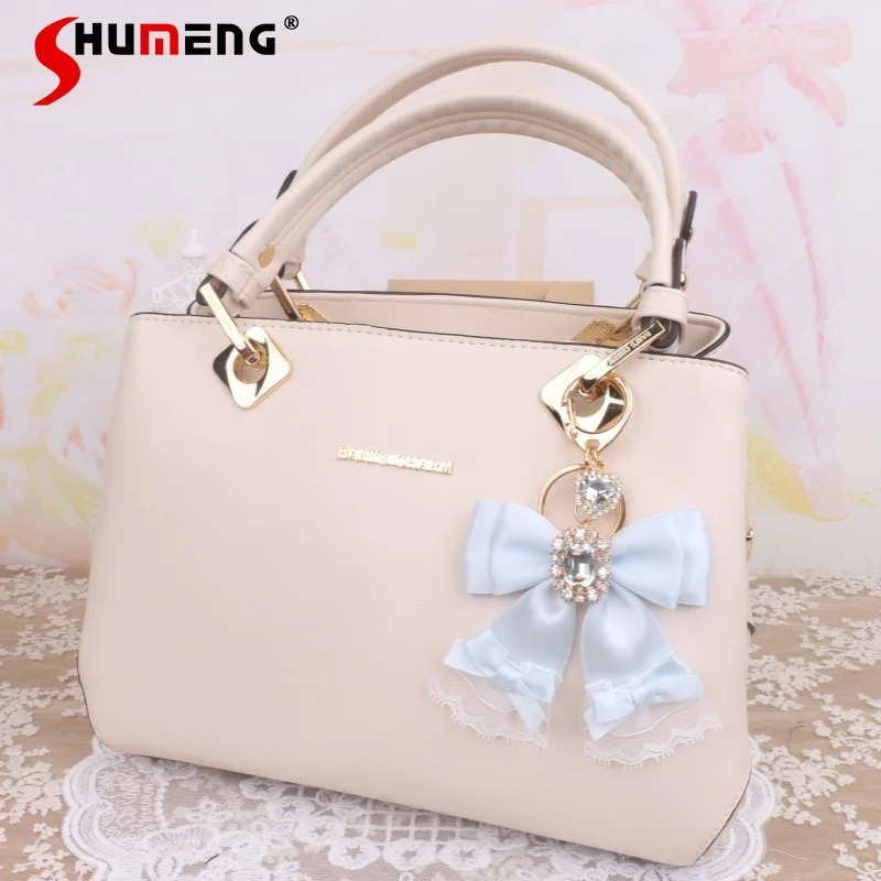 Cute Bag Accessories Lolita Lace Rhinestone Bow Pearl Beaded Bag Pendant for Women 2024 Handmade Original Water Blue Girl Gift