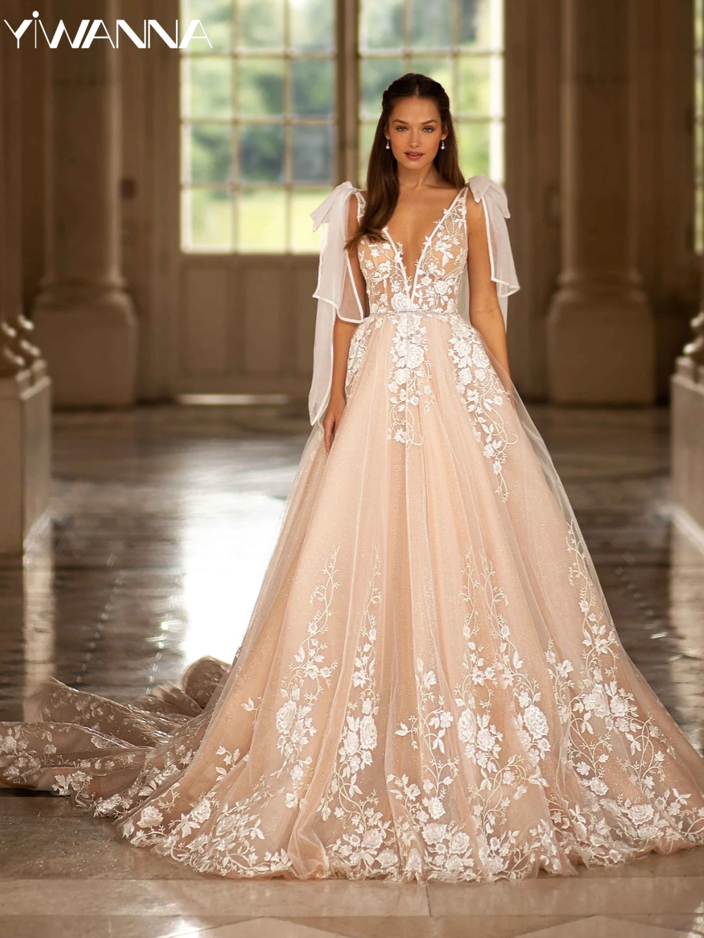 A-Line Deep V-neck Backless Wedding Dress with Appliques Lace Tulle