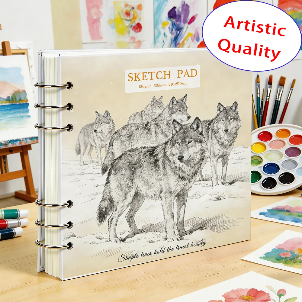30매 210x210mm 180GSM 스케치북, 거친 질감의 수채화 용지, 분리 가능한 금속 링 바인더, 전문 미술 드로잉 S
