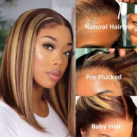 Perruque Bob Lace Closure Wig naturelle, cheveux courts et lisses, pre-plucked, 4x4 HD, 13x4, à reflets, ombré, 4 27 3