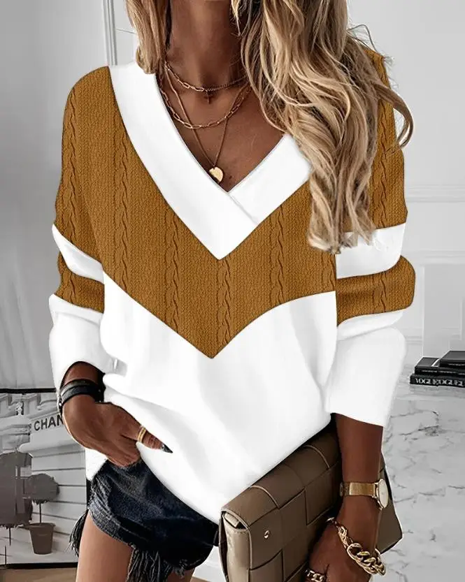 

Fashion Woman Blouse Fall 2023 New Casual Daily Color Contrast Versatile Long Sleeve V-Neck Cable Textured Top Female Clothing
