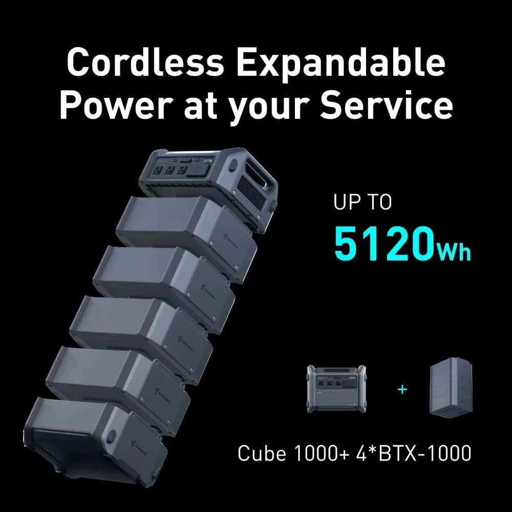 Portable Power Station Cube 1000 2200W AC Outlets 1024Wh LiFePO4 Batter Expandable Battery Capacity up to 5kWh Solar 4