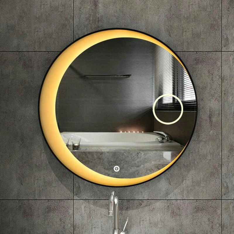 

60cm 70cm 80cm LED Lights Moon mirror High Quanlity Reflection Silver Mirror With Black Steel Frame Round Bathroom Mirror