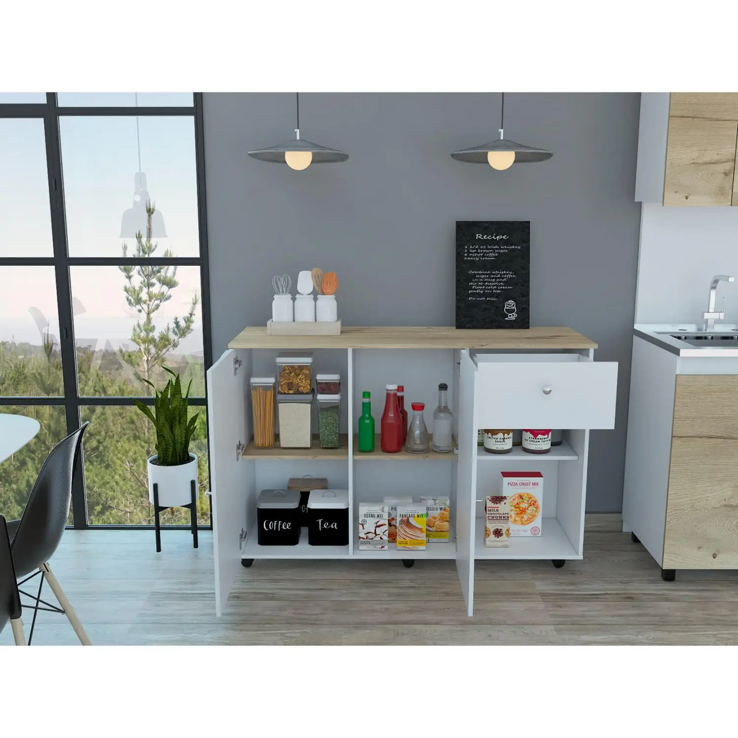 Kitchen Island Cart Victoria, Four Interior Shelves, Six Carters, One Drawer, Double Door Cabinet White / Light Oak 3