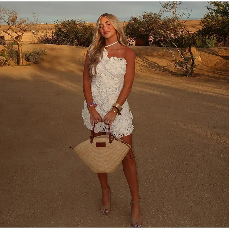 Knit 3d Flower Mini Dress Women Sexy Slim Hollow Out Hip Package Skew-collar Halter Beach Dresses Holiday Party Lady Robe