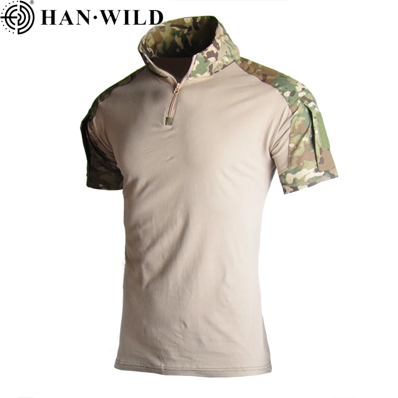 HAN WILD Tactical T-shirt Camo Shirt Short Sleeves Men Hiking Shirt Combat T-shirt Clothing Elastic Breathable Summer Clothes sport t shirt