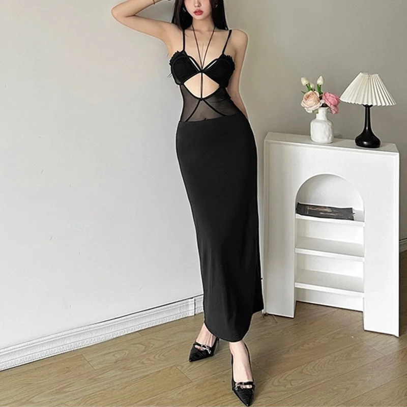 Summer Dress Women Sexy Solid Color Hollow Out Spaghetti Strap Sleeveless Mesh Bodycon Dress Evening Party Dresses