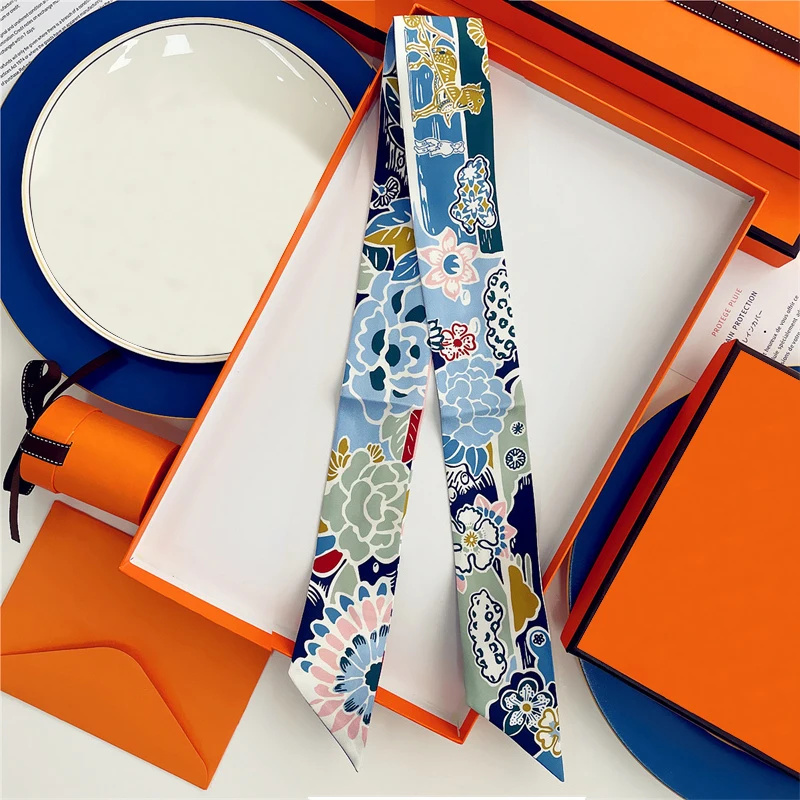 Marke Design Twill 100% Seide Schal Luxus Druck Blumen Schal Frauen Foulard Dünne Tasche Schals Neue Heiße Halstuch Haar Stirnband – Detail 5
