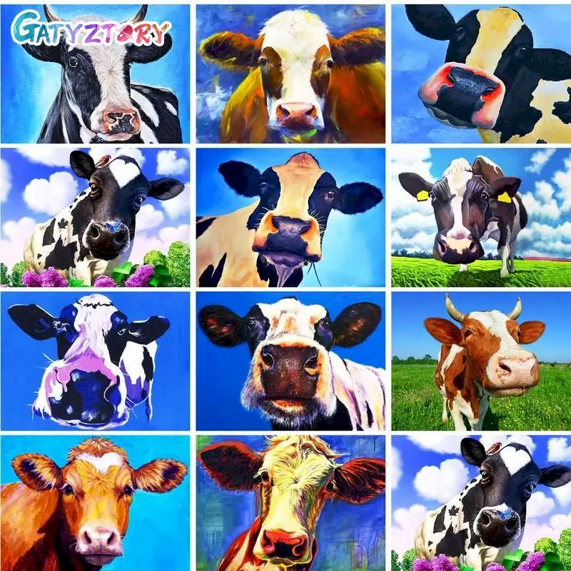 

GATYZTORY DIY Oil Painting By Numbers Cow Animals Kits Canvas HandPainted Gift Pictures Animals Home Decor