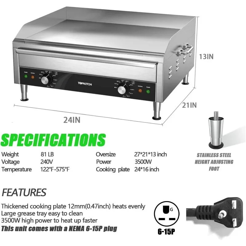 Commercial Electric Griddle, 24" 3500W 240V Electric Countertop Griddle Heavy Duty Flat Top Grill Restaurant