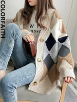 Plaid Chic Cardigans Button Puff Sleeve Checkered Oversized Women's Sweaters Winter Spring Sweater Tops - Image 3