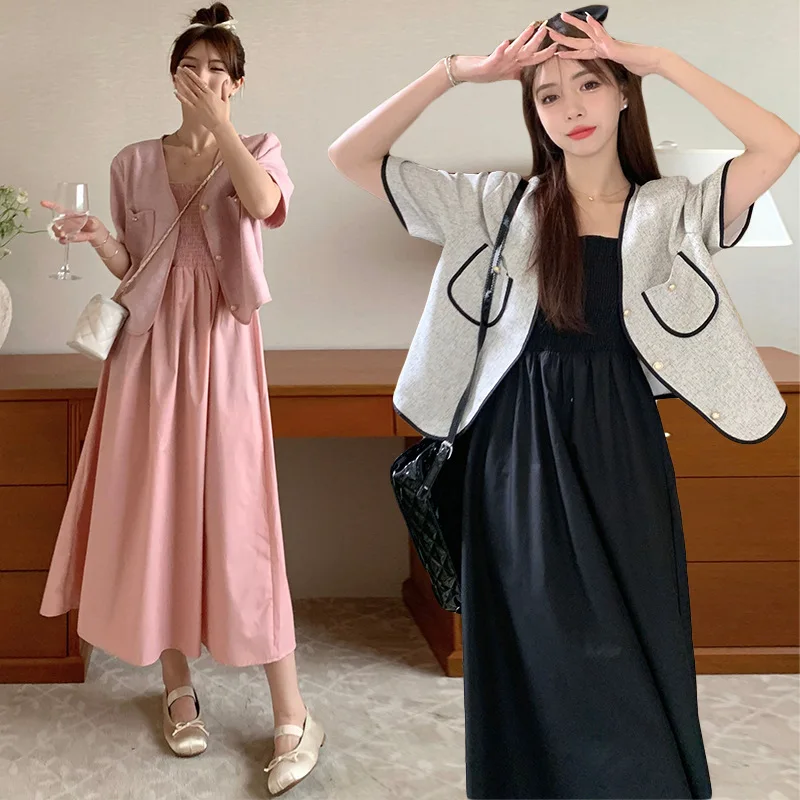 

Summer Fashion 2 Piece Dress Set Women Single Breasted Coats+Suspender Dress Set Female Casual Korean Fashion Elegant Dress Suit