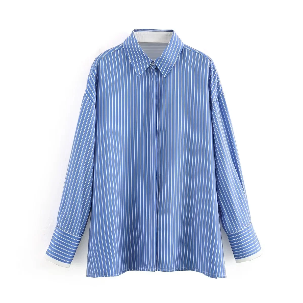 

TRAF Womans Oversize Striped Shirts Fashion Autumn Blue Blouses Women Long Sleeves Blusas Para Mujer Female Casual Elegant Shirt