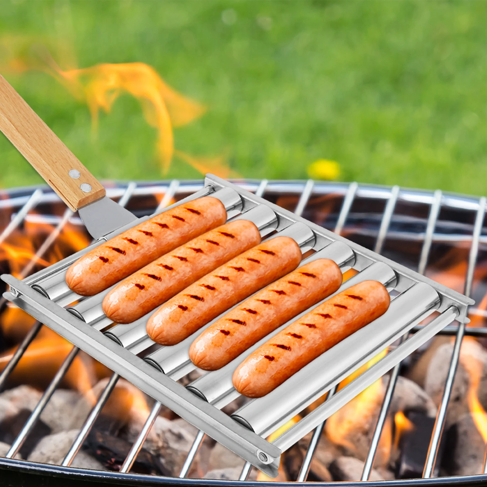 

Hot Dog Roller with Handle 5 Hot Dog Capacity Hotdog Grill Roller with 6 Roasting Sticks Stainless Steel Grill Sausage Roller