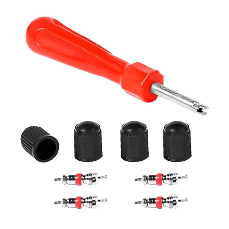 

1 Set Tire Valve Service Kit 4 Valve Cores 4 Valve Caps 1 Valve Stem Screwdriver Tire Repair Tool for Car Motorcycle L9BC