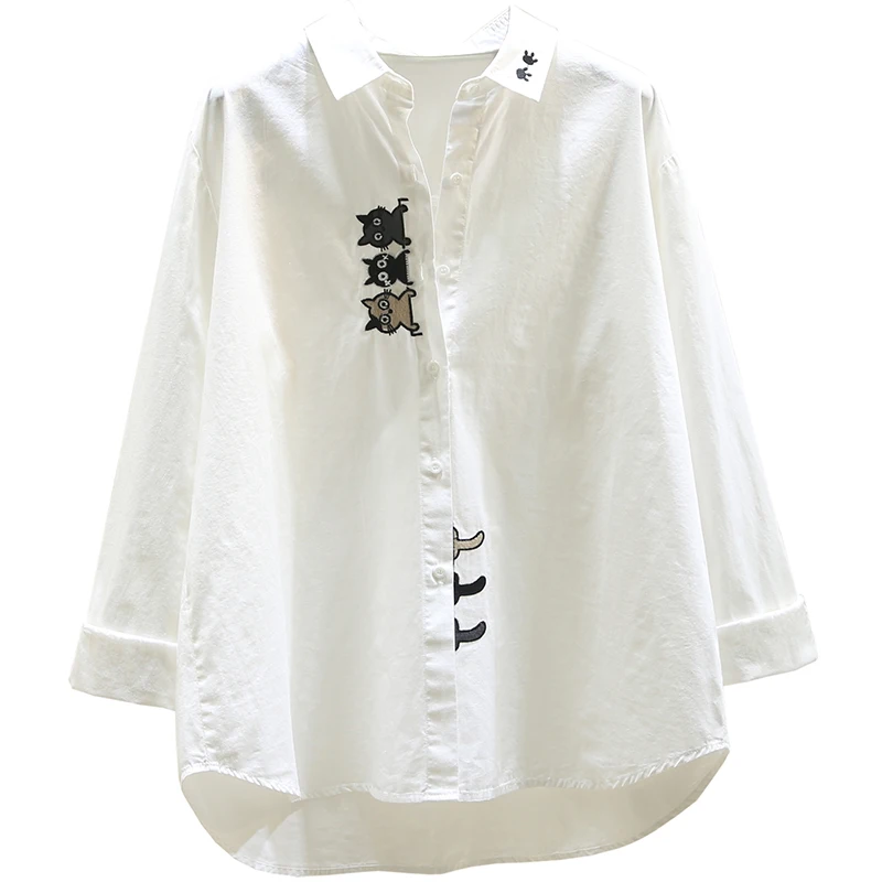 Spring and Autumn New Cute Cat Embroidery Pure Cotton Breathable Shirt for Women, Korean Style Casual Age-Reducing Versatile Student Layered Long-Sleeve White Shirt Top 5