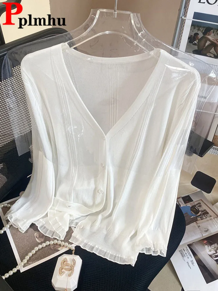 Cardigan Con Protezione Solare In Maglia Sottile Con Scollo A V Estate Casual Manica A Tre Quarti Maglieria Corta Top Abrigos Coreano Ghiaccio Slik Ca