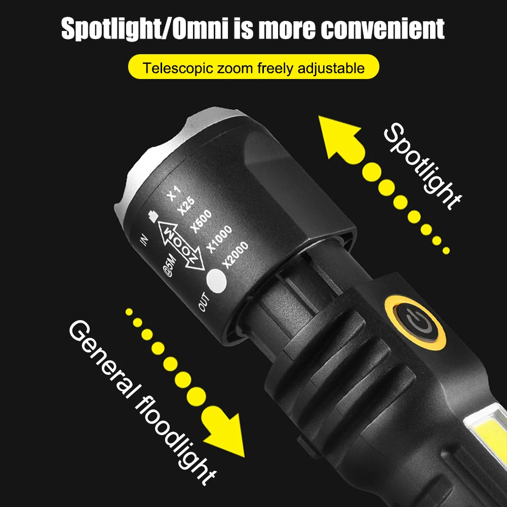 Waterproof Torch Light Telescopic Zoom XPE COB LED Camping Flashlight Type-C USB Charging Bright Flash Light 4 Modes for Fishing