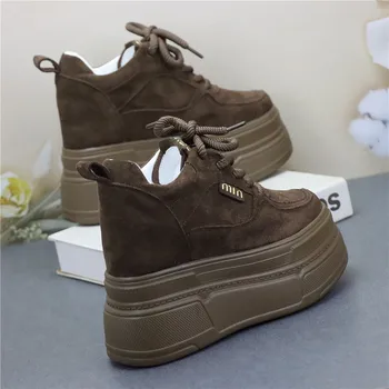 12CM Platform Wedge Sneakers Microfiber Leather Comfy Breathable Skate Board Vulcanized Chunky Hidden Heel Block Shoes 1