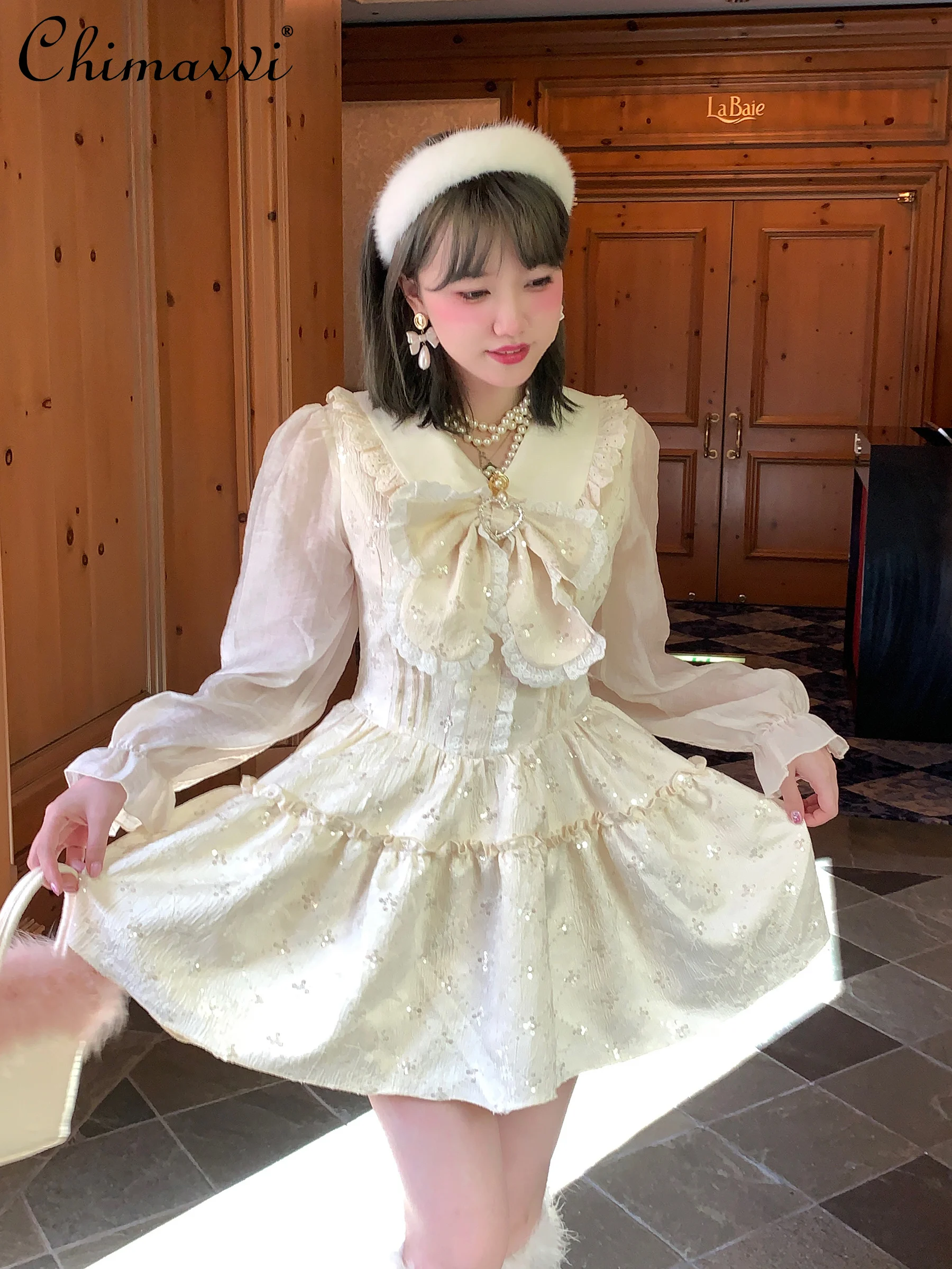 

Fashion French Style Long Sleeve Dark Pattern Sweet Dress 2023 Autumn Winter New Girly Style High Waist Slim-fit Y2k Mini Dress