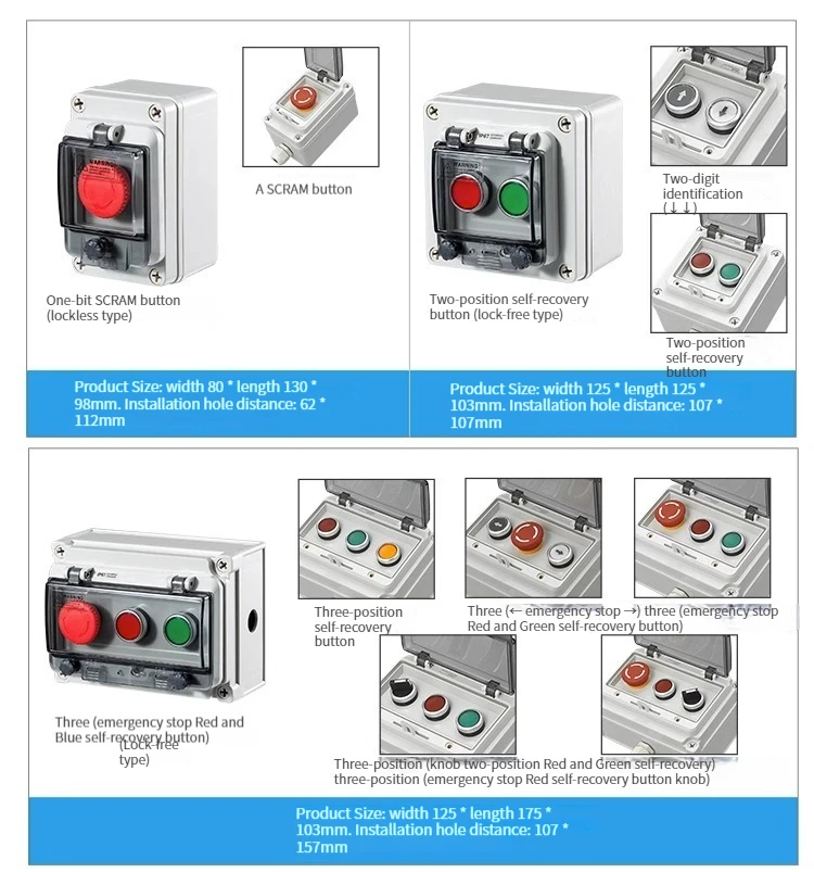 Description Picture 2 of itemAC220V Outdoor Waterproof Button Control Switch Box Emergency Stop Start Indication Lamp Self Recovery Switch Junction Box