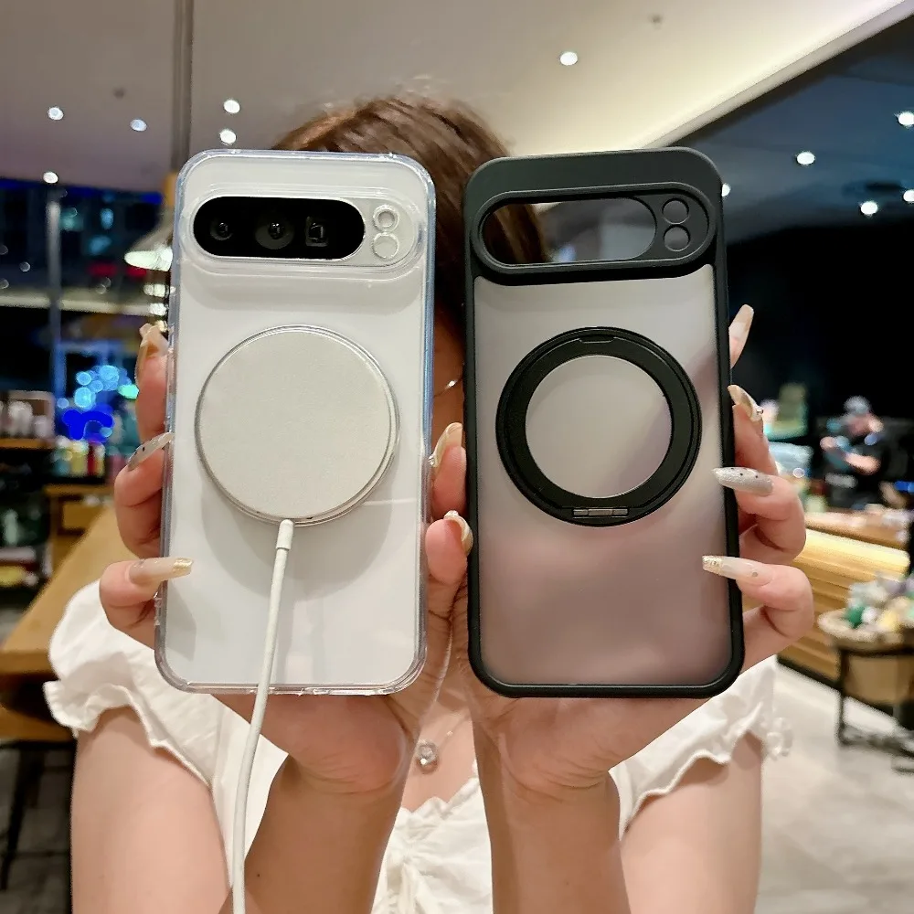 MagSafe Matte Rotating Bracket Case with Transparent Shockproof Cover and Holder Stand