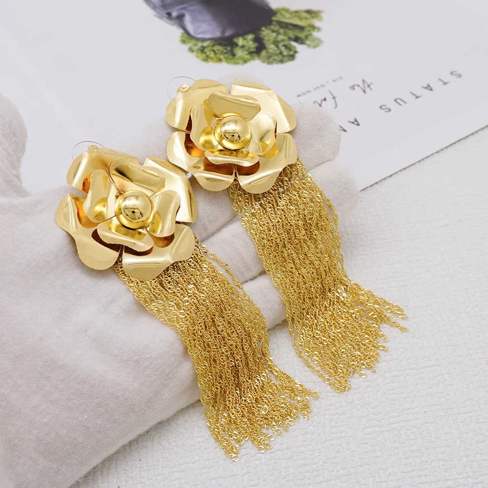Fashion Gold Color Flower Hoop Earrings Statement Long Hanging Earrings Drop Tassel Earrings For Female Daily Pendant Jewelry