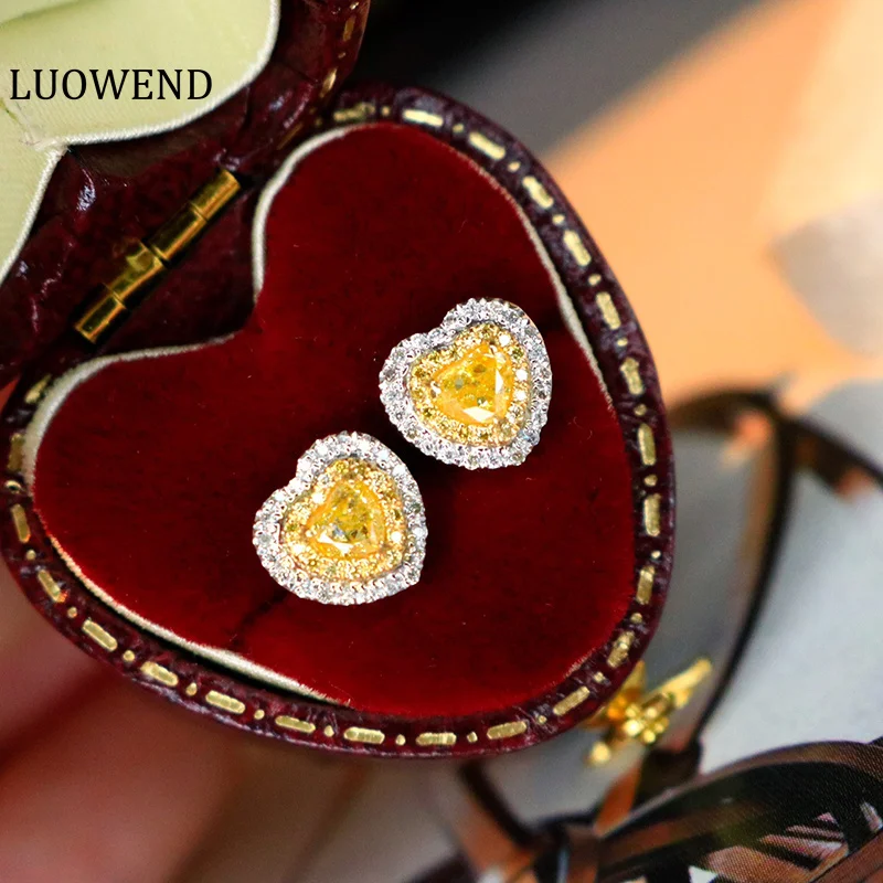 LUOWEND 18K White Gold Earrings Yellow Diamond Earring Engagement Party Jewelry Classics Halo Heart Shape luowend 18k solid yellow gold necklace real diamond pendant necklace and earrings shiny heart shape wedding jewelry for women