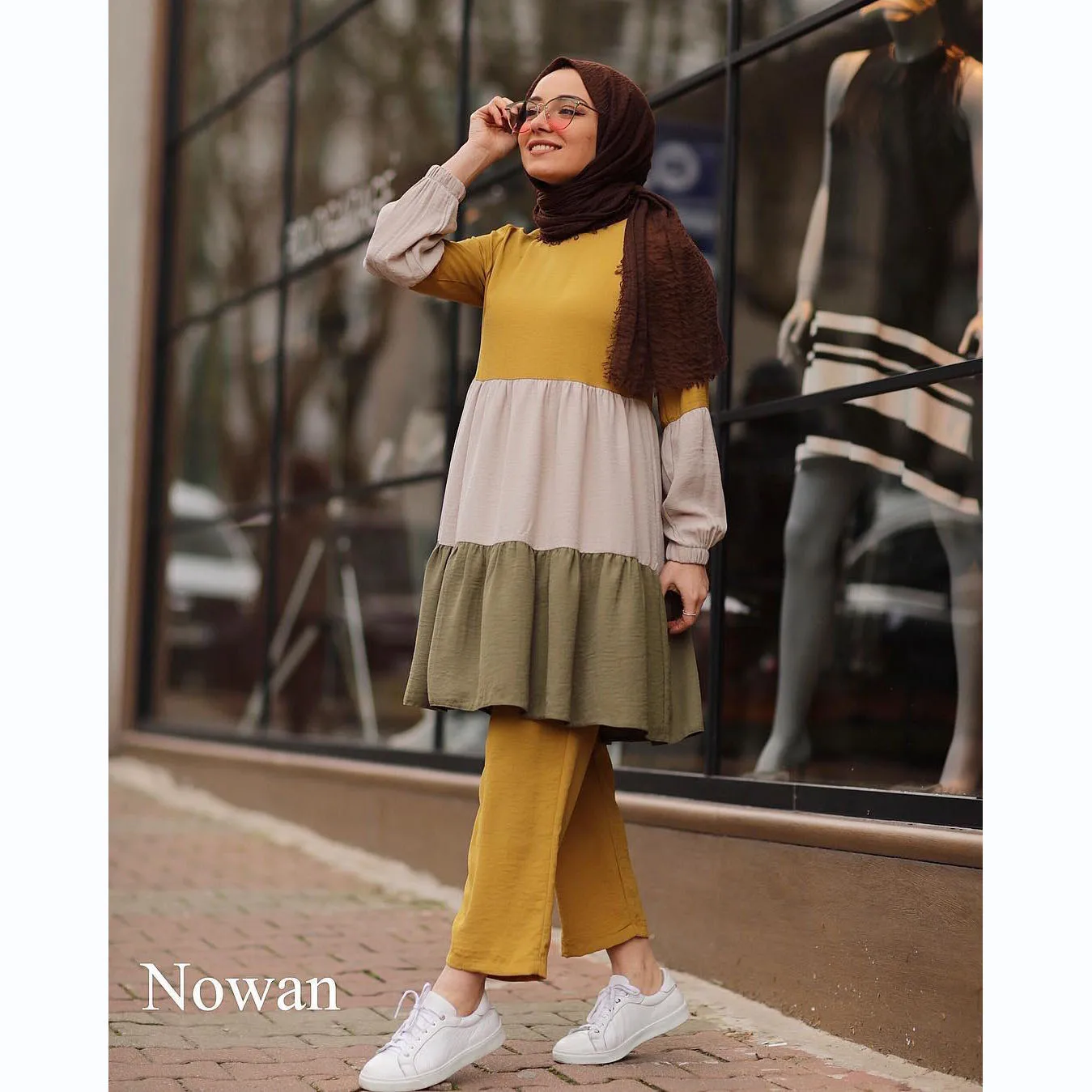 이슬람 터키 봄 가을 여성 캐주얼 솔리드 바지, 아랍 말레이시아 이슬람 여성 복장 패션 라운드 칼라 탑 + 루즈핏 2 피스