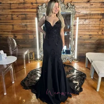 Black Mermaid Zip Prom Dress Floral Spaghetti Strap Wedding Dresses Long Train Embroidery Customized فساتين سهرات  vestidos de