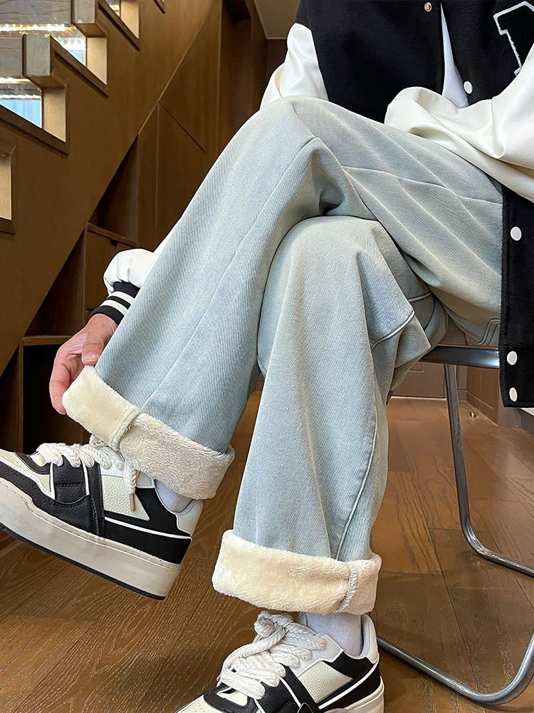 Men's Winter Pants Fleece-lined Straight Jeans Korean Fashion Elastic Waist Semi-Wide Baggy Denim Pants Thick Warm Jean Trousers 4