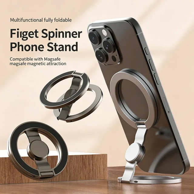 Magnetic Fidget Spinner Phone Ring Holder, Dual-Sided Magnet for MagSafe, 360° Rotation Grip Stand, Stress Relief Foldable 1