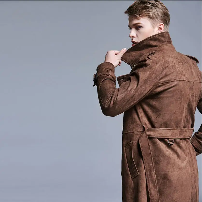 

Spring New Men Windbreaker Business Casual British Fashion Suede Trench Coat For Young Male Double Breasted Slim Long Overcoat