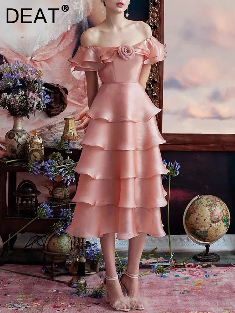 

DEAT 3D Flowers Women Dress Ruffles Slash Neck Short Sleeve A Line High Waist Elegant Wedding Party New Spring 2024 15KB6000