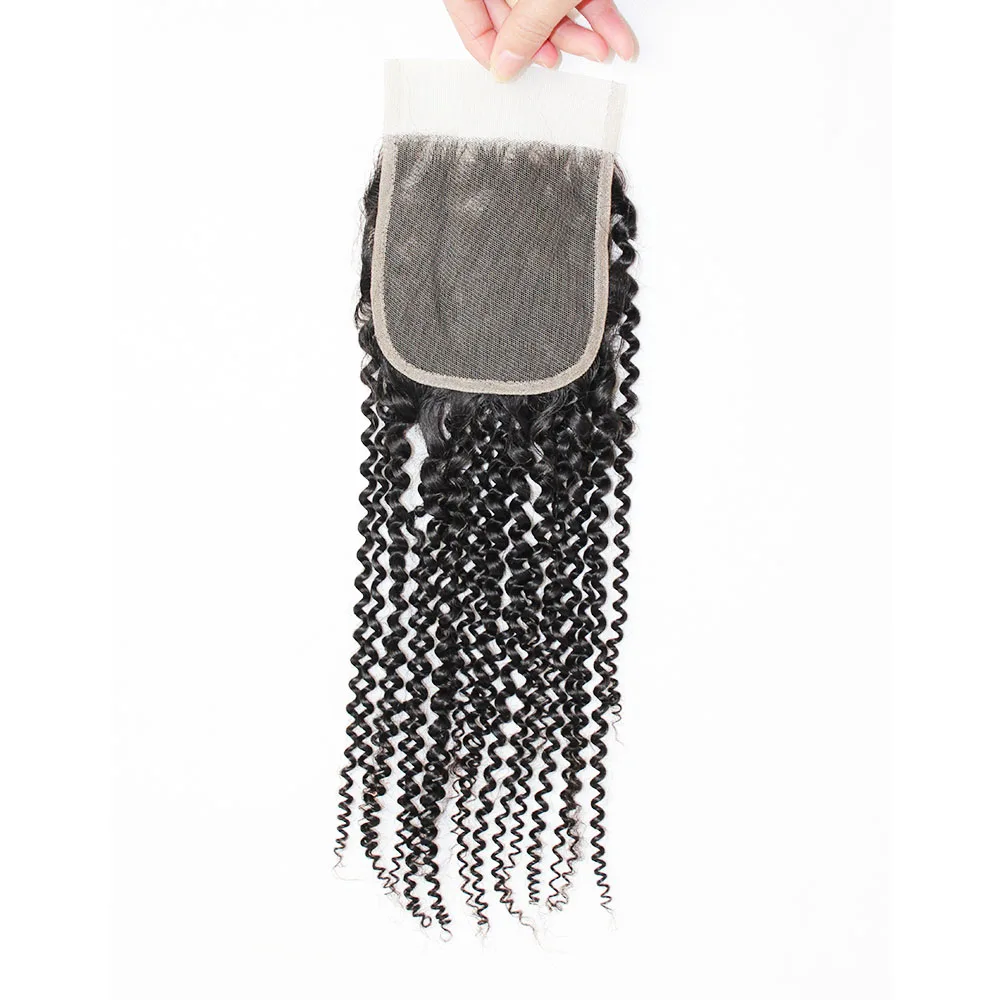 Kinky Curly 4x4 Lace Closure Remy Indian Human Hair Hand-tied Top Closures 150 Density Natural Color Hair Extension