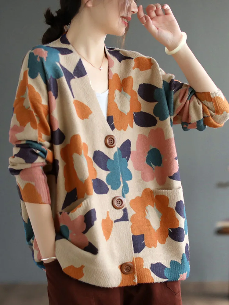 아맥스 룰루에 2025 가을 패션 클래식 가디건 여성 루즈 럭셔리 따뜻한 플로럴 스웨터 여성 프린트 레저 우아한 니트웨어