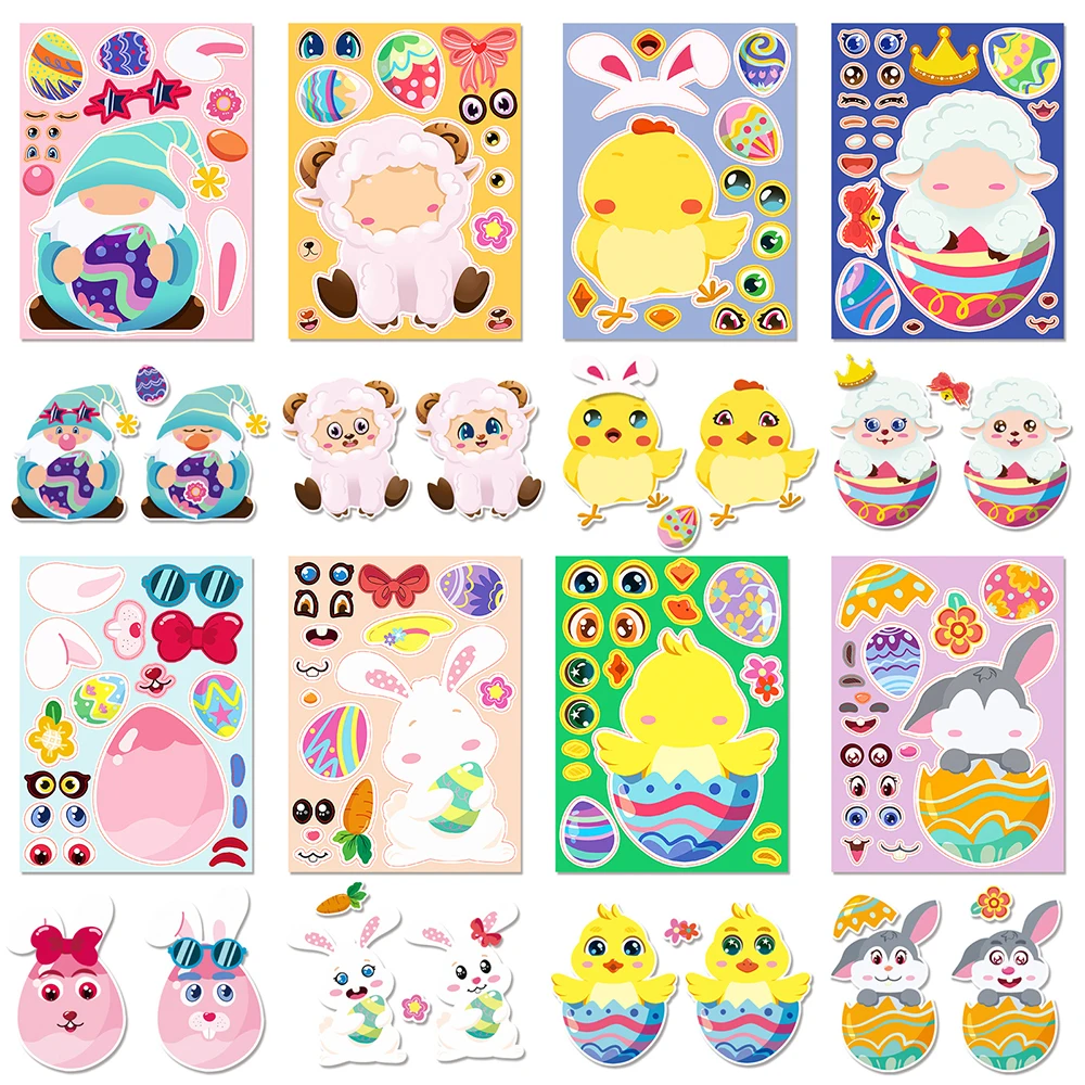 

8/16Sheets Easter Puzzle Stickers Game Kids Make Your Own Easter Eggs Lamb Chick Decals Children Party Decoration DIY Jigsaw Toy