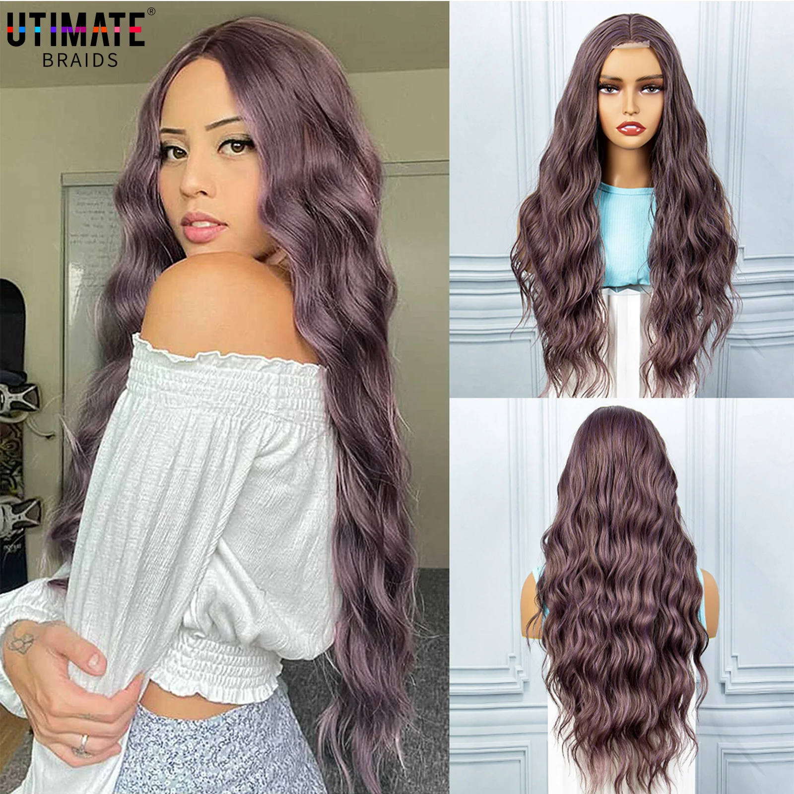 

Curly Water Wave Thin Purple Synthetic Wig Everyday Cosplay Party Outfit 30inches Center Part Natural Heat Resistant Lace Front
