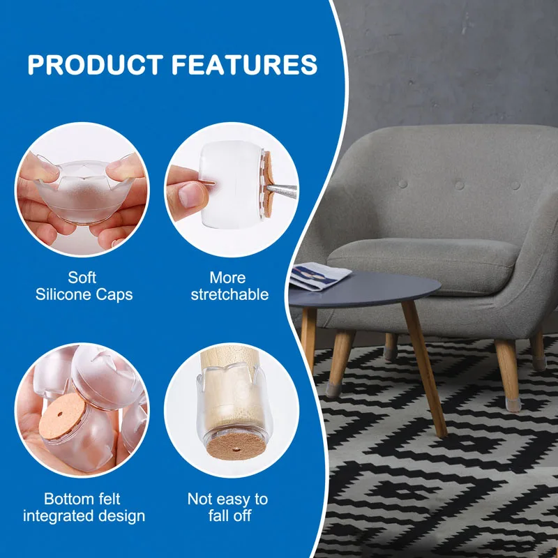 Description Picture 3 of item16 Pcs Chair Leg Caps Floor Protector Furniture Table Silicone Pads Feet Covers Anti-slip Protector