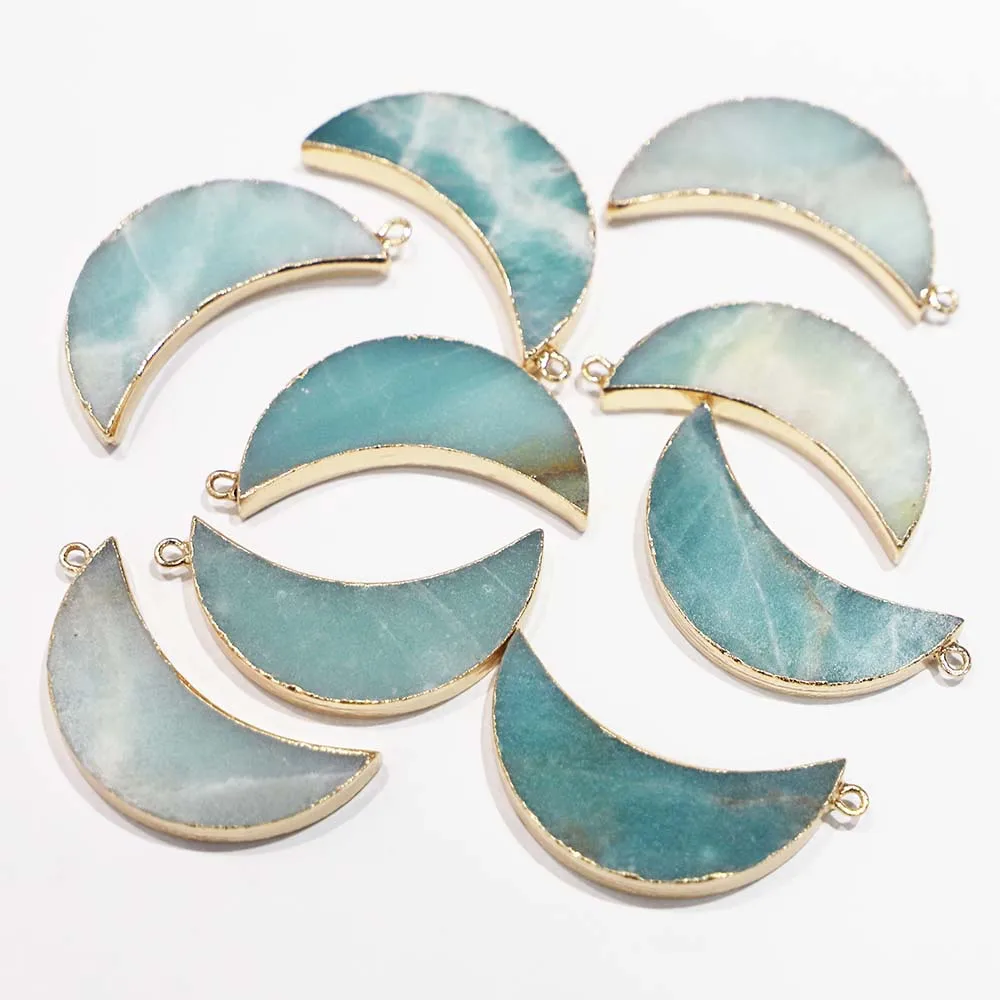 Natural Stone Amazons Crescent Moon Necklace Pendant Gilt Edge Reiki Charms Making Fashion DIY Jewelry Accessorie Wholesale 6Pcs