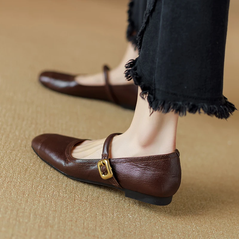 

Square Toe Simple Shoes French Style One Strap Sheepskin Women Shoes New Spring Atumn Vintage Shoes Genuine Leather Women Flats