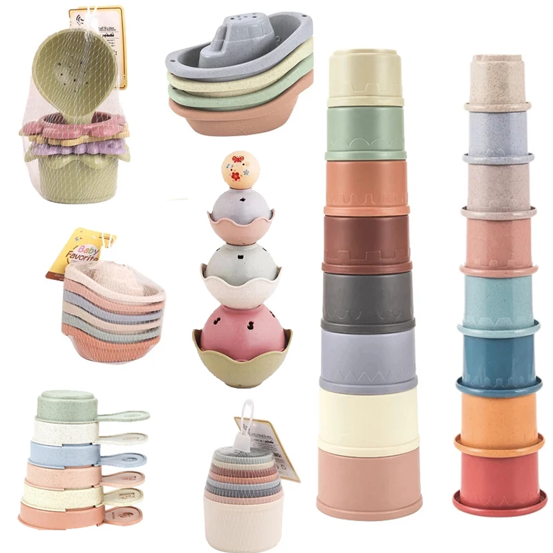 

Baby Bath Toys Stacking Cup Toys Colorful Early Educational Baby Toys Boat-shaped Stacked Cup Rainbow Folding Tower Toys Gift