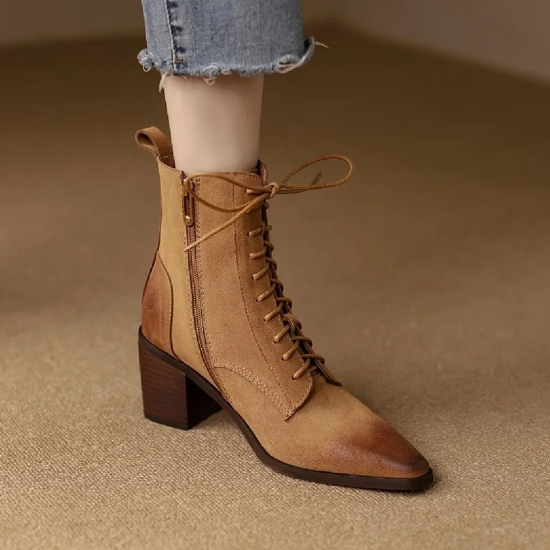 

Ботильоны на массивном каблуке, зимняя обувь из коровьей кожи в стиле ретро, женская повседневная обувь из коровьей замши, демисезонные ботинки с боковой молнией, базовые короткие ботинки