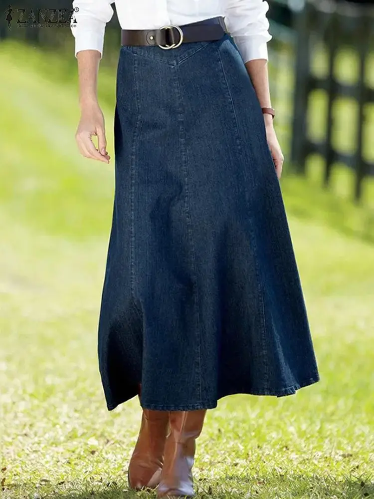 

ZANZEA Seamed A-line Long Jupes Elegant Denim High Waist Women Faldas Mujer Commuting Casual 2023 Summer Fashion Midi Skirts