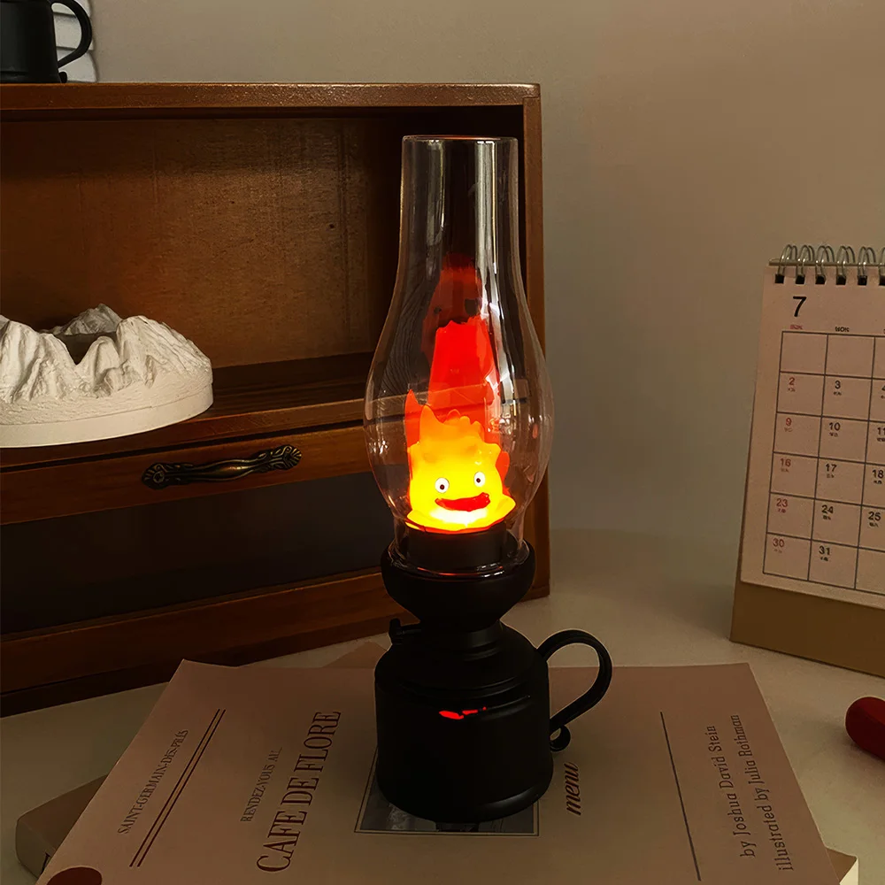 Night Light Calcifer Flameless Night Light Halloween Retro Decorative Candle Light Cartoon Anime Kerosene Lamp Bedroom Bedside Table Lamp
