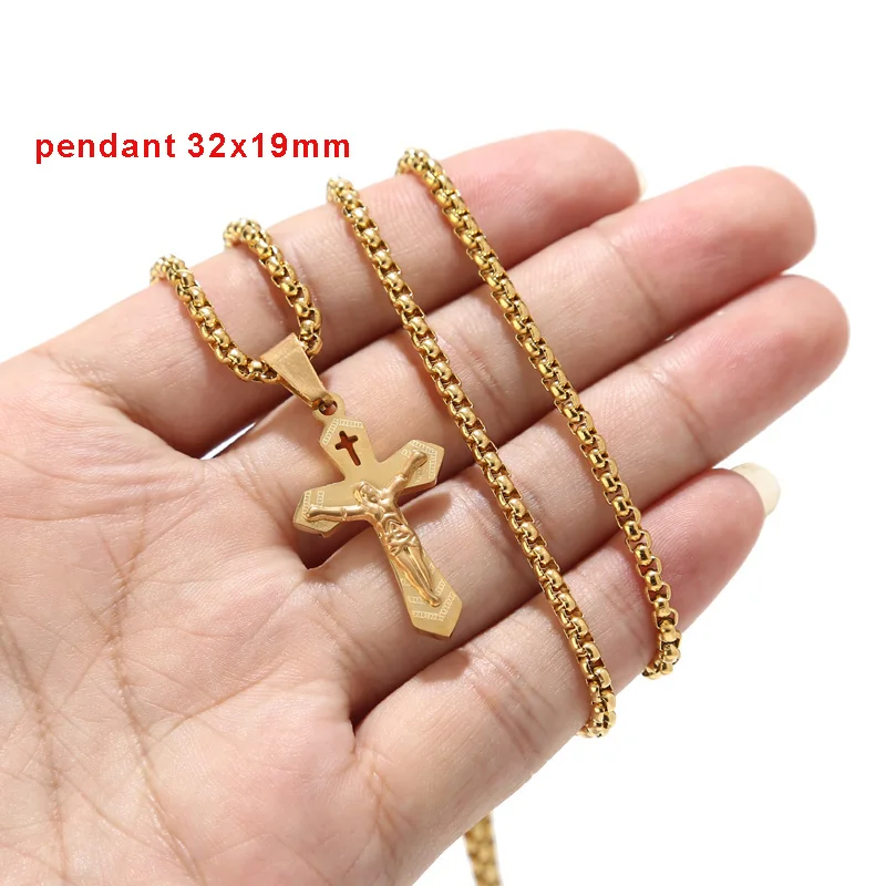 

Gold Plated 316L Stainless Steel Fashion Charm Tiny Crucifix Jesus Cross Pendants Necklaces 24'' For Men Gifts Jewelry Findings