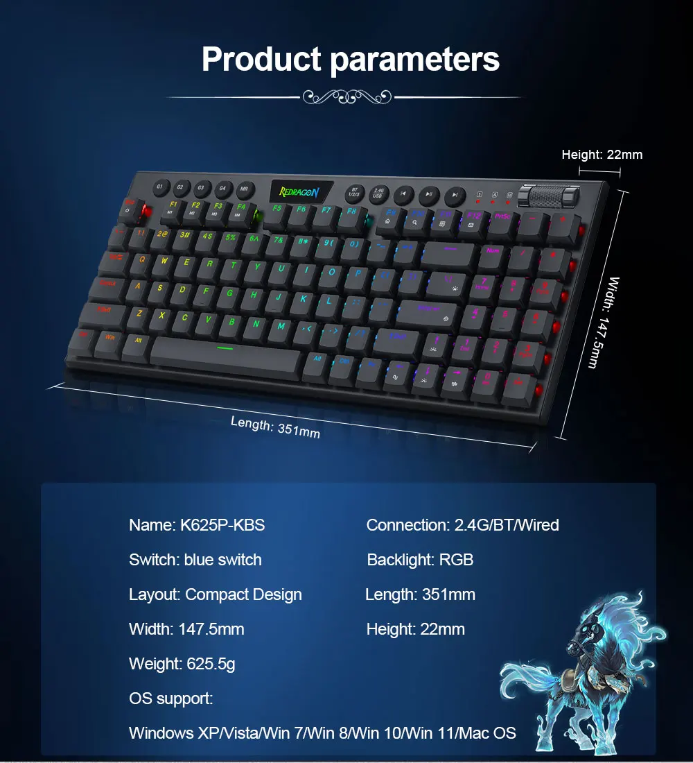 Redragon Yi K625P KB RGB USB Mini Slim Ultra-Thin Designed Wired Mechanical Gaming Keyboard Red Switch 94 Keys