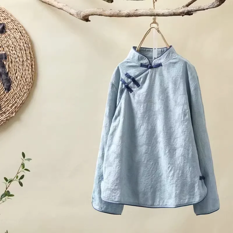 

KYQIAO Traditional Chinese Clothing Women Vintage Ethnic Mandarin Collar White Blue Pink Cotton Knot Button Shirts and Blouses