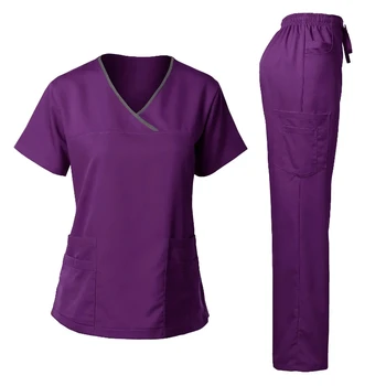 Surgical Uniforms Woman Medical Scrub Set Stretch Soft Y Neck Top Pants Hospital Pet Clinic Doctor Costume Contrasting Work Wear